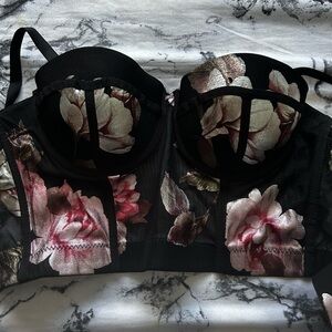 Floral Longline Bustier Bra - Black with Pink Floral